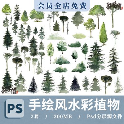 手绘风水彩植物psd淡彩纹理树插画风植物竞赛拼贴小清新植物素材