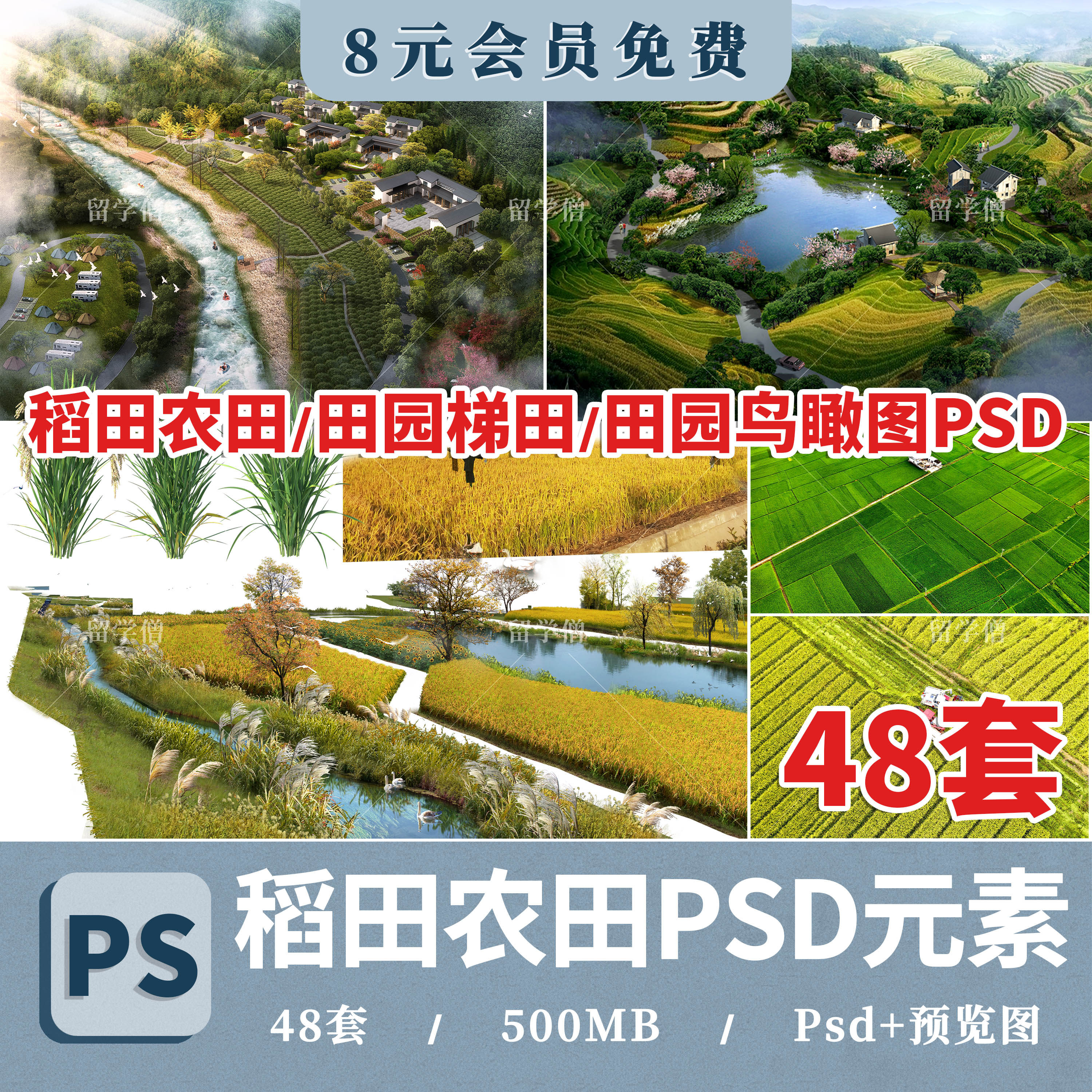 ps稻田农田景观美丽乡村田园风光规划田野鸟瞰效果图psd分层素材