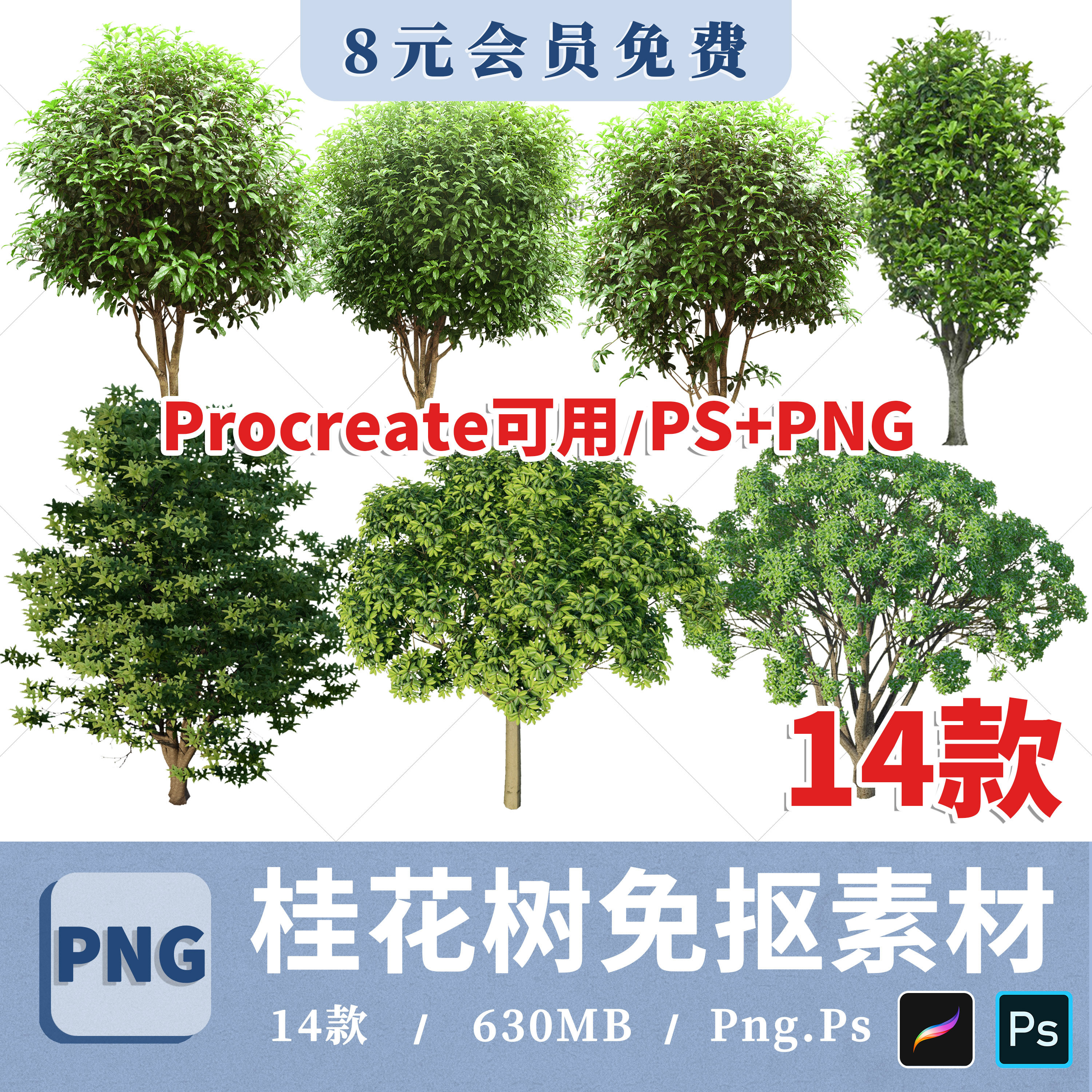 桂花树ps效果图素材png免抠透明底桂花鸟瞰psd素材procreate贴图