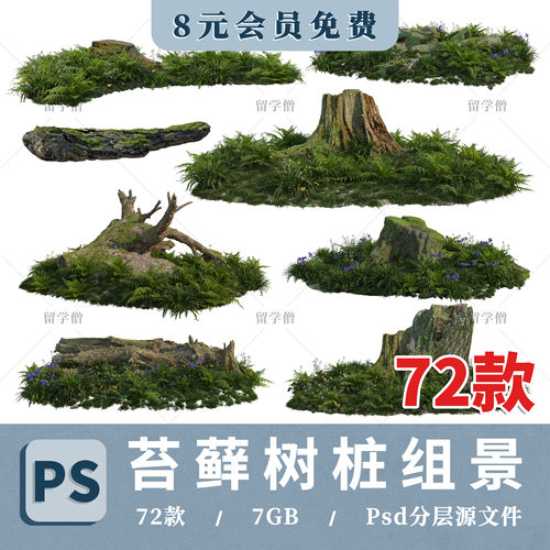 2026高清PS苔藓枯木树桩蕨类组合造景效果psd分层素材PNG免抠免扣