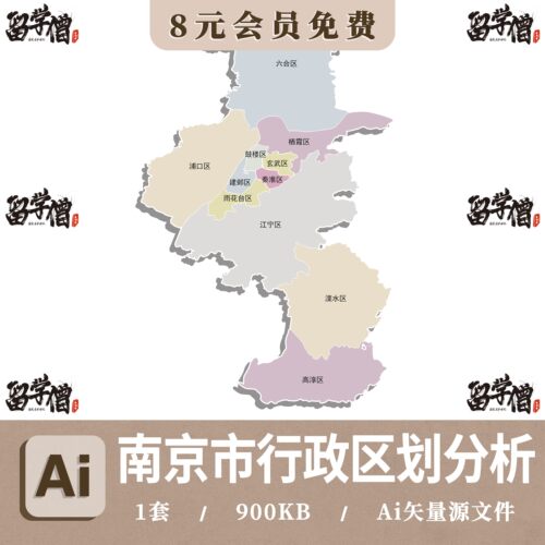 南京市区位区划Ai分析图南京市各区块分析南京市区域规划Ai矢量图