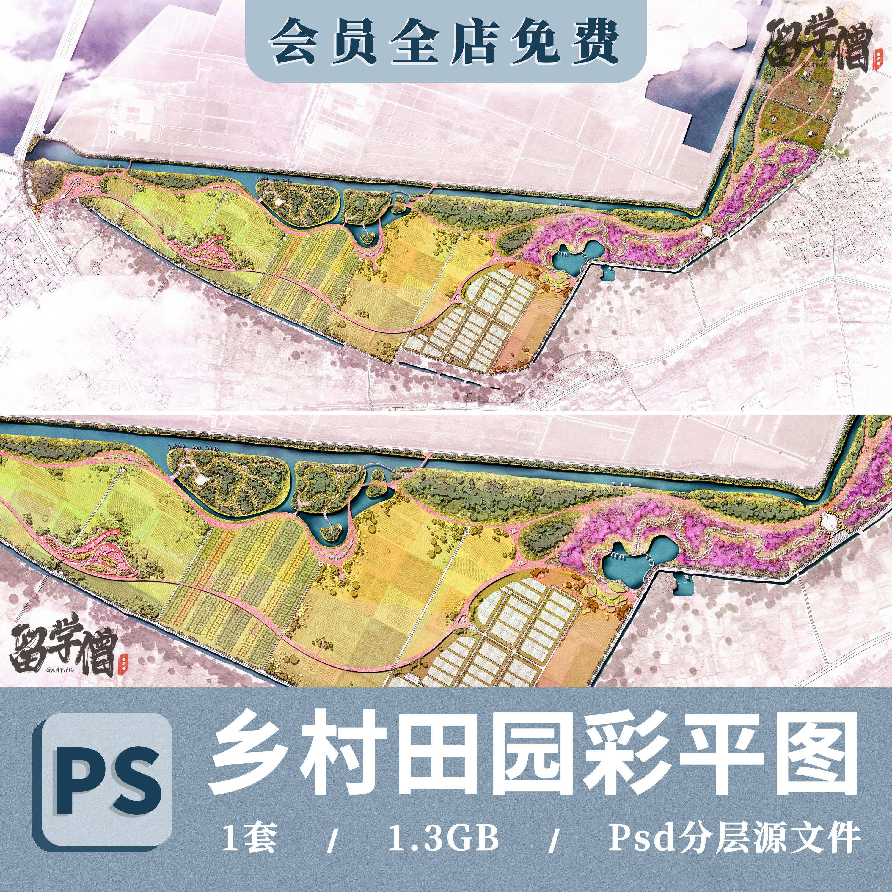 美丽乡村竞赛风农田稻田彩平图ps田园综合体规划总平psd分层素材