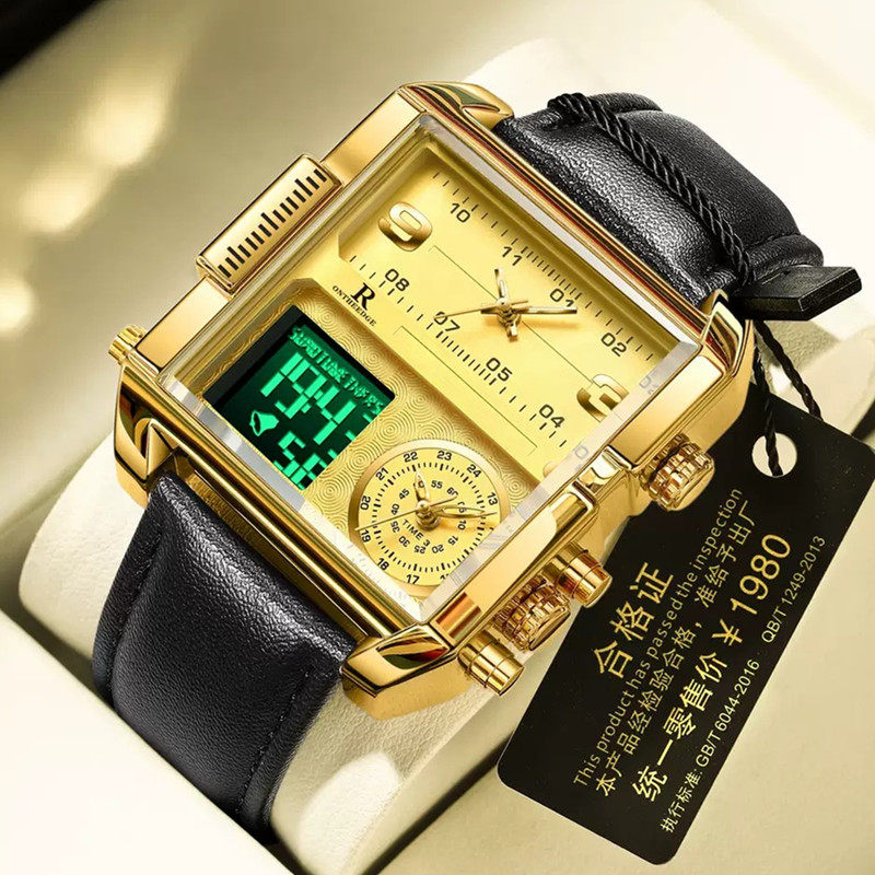 经典双机芯多功能方形大表盘男士防水夜光时尚百搭运动电子女手表