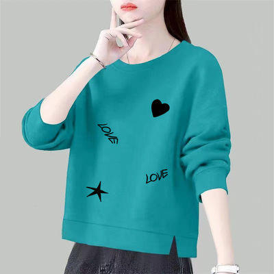 春秋季长袖宽松印花纯棉T恤女