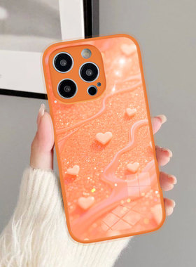 适用OPPOA6GT简约VIVOY500闪粉橙色爱心iphone17Pro手机壳新款苹果16e保护套红米note15华为Pura80畅玩70plus