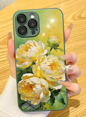 适用VIVOS50Promini油画春日花图牡丹花朵黄绿色超好看OPPOReno15C手机壳玻璃小米17Ultra华为mate80P荣耀500