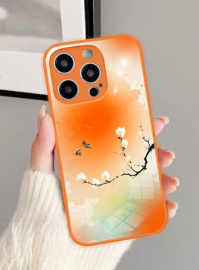 适用OPPOK13Turbo橙色渐变抽像水墨玉兰花iphone17Pro手机壳新款vivo苹果16保护套Air华为Pura80Ultra荣耀400