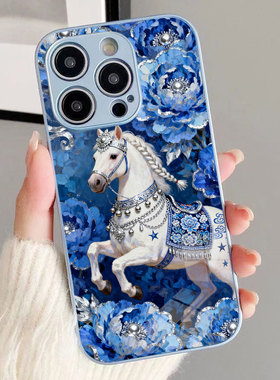 适用苹果17Pro手机壳iphone15油画OPPOFindx9苗族特色华丽S50蓝色牡丹马年新春喜庆VIVOIQOO15一加ACE6小米17