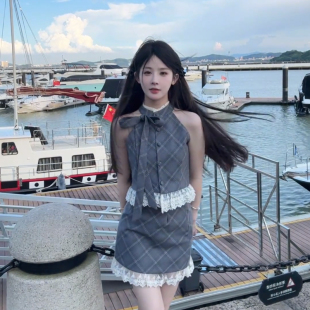 蕾丝拼接千金套装女韩系夏季格纹蝴蝶结背心上衣无袖衬衫包臀短裙