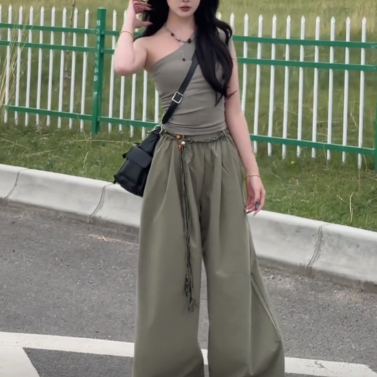 纯欲性感辣妹斜肩上衣阔腿裤套装