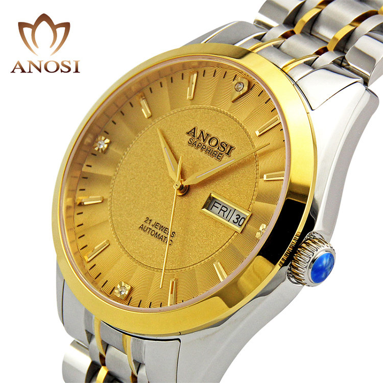 爱诺时正品男表全自动机械表防水双日历miyota透底机芯大表盘精钢