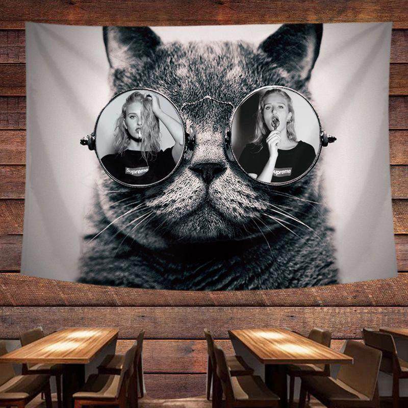 欧美潮牌挂布直播个性黑白猫背景布学生上下铺墙布店面改造隔断帘