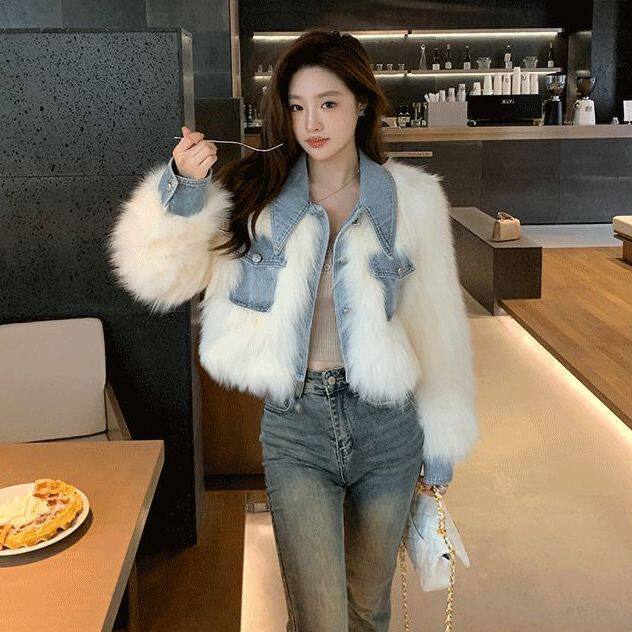 牛仔拼接毛毛加棉加厚短外套女
