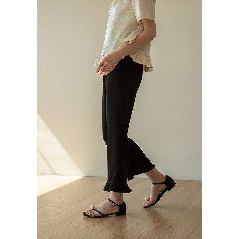 lesionchan 醋酸麻纱质感荷叶边九分垂感喇叭裤