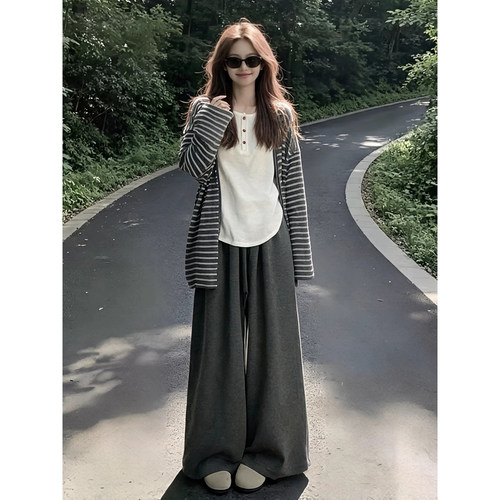大码胖mm显瘦休闲套装女早秋外搭开衫上衣吊带背心阔腿裤子三件套