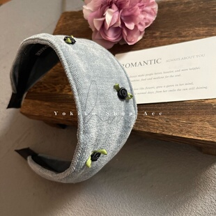 阿豆款韩国进口复古牛仔色玫瑰花发箍女高级感宽边顶洗脸头箍发饰