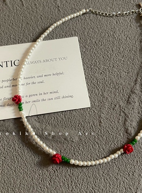 韩国东大门nyunyu玫瑰花早春ins短款颈链手工百搭彩色米珠项链