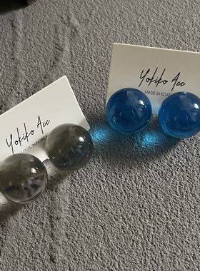 yokikoshop925银针防过敏果冻蓝色透明圆球彩色多巴胺耳环
