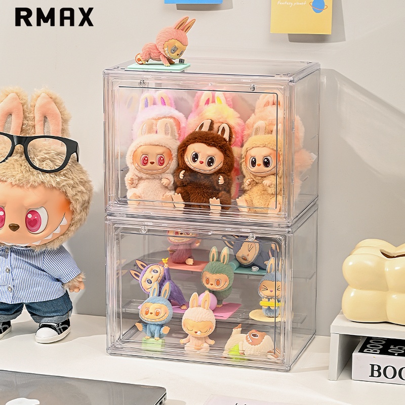 RMAX带灯盲盒展示柜透明手办声控磁吸泡泡玛特玩偶娃娃防尘收纳盒