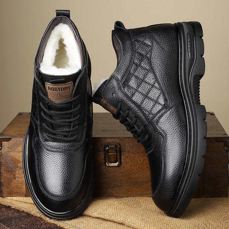 头层牛皮爸爸鞋男纯羊毛冬季新款