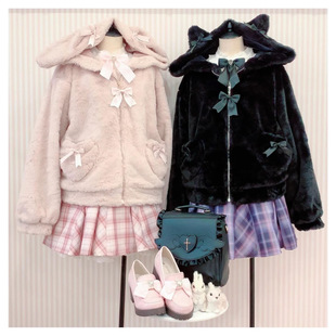 日系可爱毛绒绒连帽加厚兔耳外套秋冬软妹可爱百搭毛球短款 上衣女