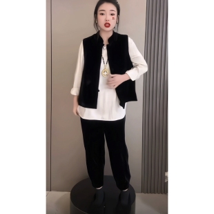 国风新款复古新款丝绒纯色新中式加棉马夹裤子两件套显瘦