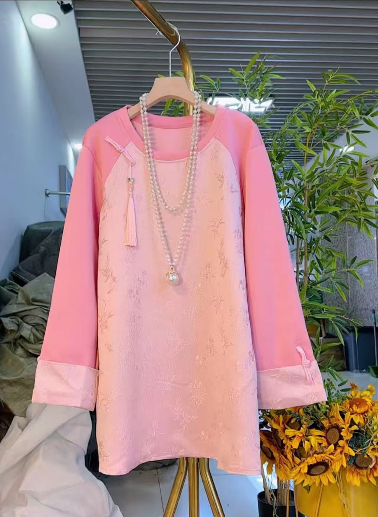 秋冬时尚新中式大码国风复古新款拼接圆领显瘦中长款卫衣