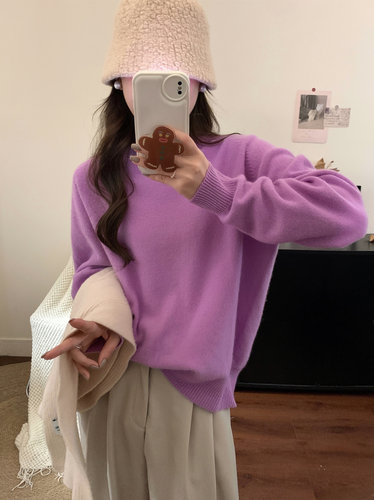 羊绒羊毛没有V领圆领套头紫色