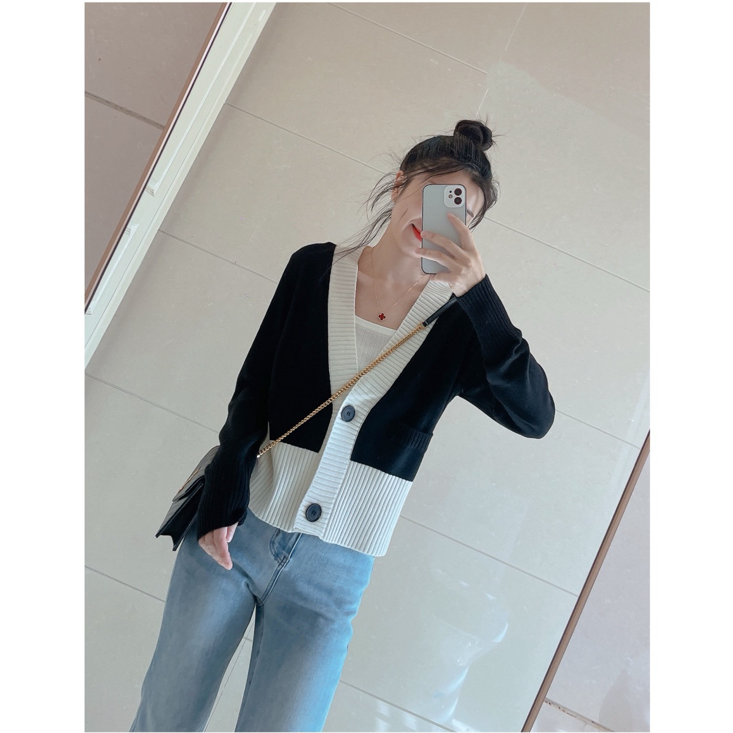 hisongsong撞色V领修身短款百搭针织开衫女款短款特价处理小萝莉