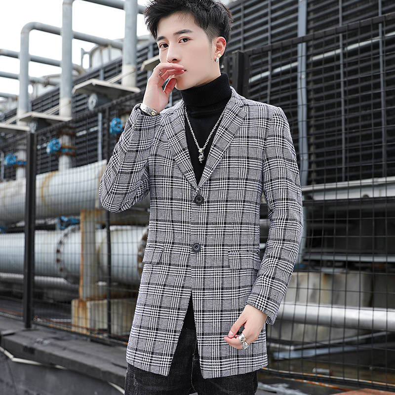 Autumn winter coat men's medium length plaid jacket woolen windbreaker