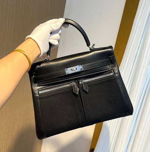 lakis黑色银扣全手工缝口袋包凯莉28CM拼帆布包休闲女士手提包
