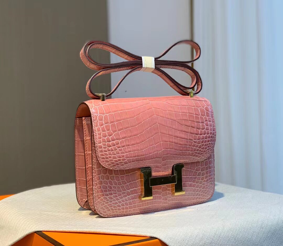 高光尼罗鳄鱼皮粉色小号康康18cm女士单肩斜挎豆腐包h金扣夏手工