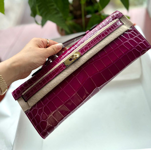 天方夜谭紫进口高光亮面尼罗鳄鱼皮KL凯莉手拿晚宴包手工缝cut31