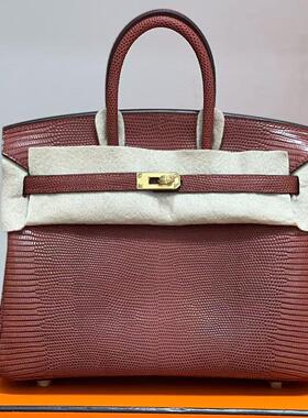 进口蜥蜴皮BK铂金包女士手提包25CM全手工蜡线缝金扣高档女包