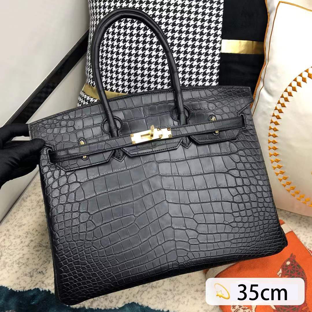 手缝高档哑光鳄鱼皮手提包男女通用铂金大号35CM休闲带锁皮包真皮