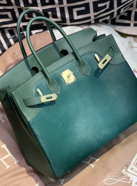 进口胎牛毛配swift皮大号BK铂金35女士手提女包手工缝制墨绿色