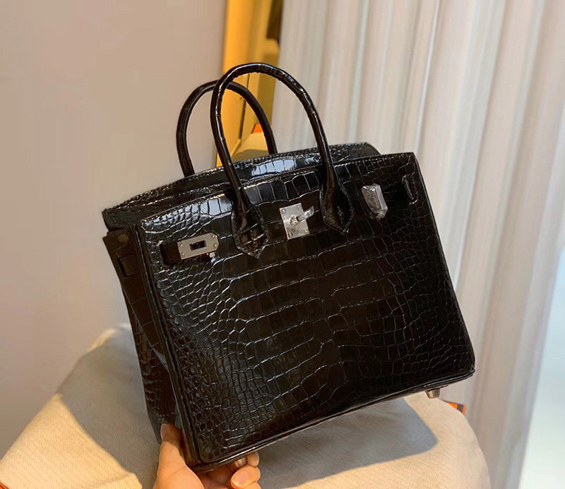 进口高光美洲鳄鱼皮铂金包25CM黑色女士手提包银扣奢侈品牌全手工