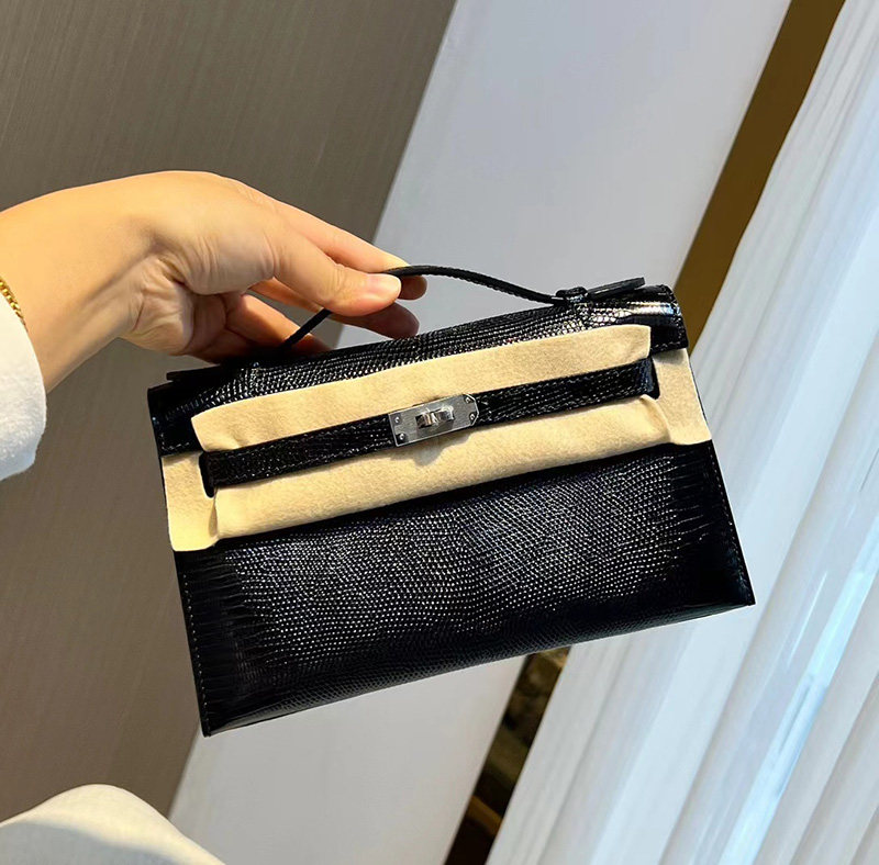 进口蜥蜴皮mini凯莉包一代22CM黑色银扣手工缝女士手拿包时尚晚宴图片