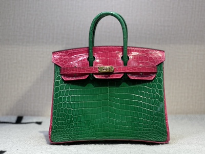 撞色款尼罗鳄鱼皮高光肚皮女士手提包bk铂金包25拼色带锁奢侈品包