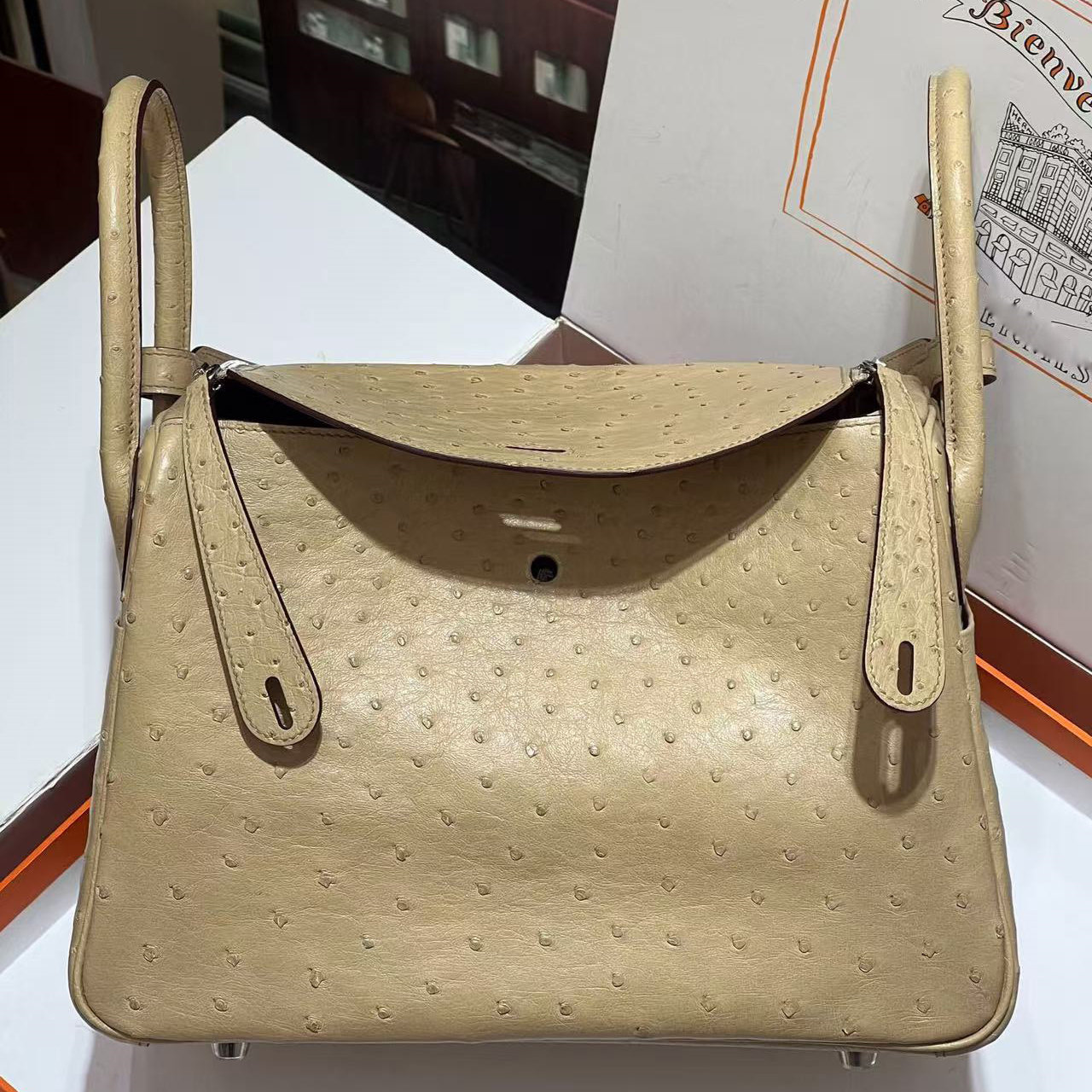 饼干色高端私人定制大号琳迪女包30CM女士手提包全手工缝时尚流行