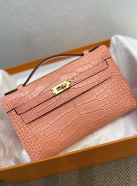 美洲鳄鱼皮一代凯莉进口雾面肚皮女士手提手拿包奢侈品哑光西瓜红