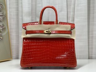 尼罗高光法拉利红色铂金25鳄鱼皮女包肚皮女士手提包奢侈品牌
