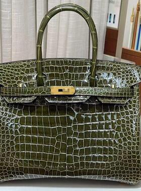 HCP高光倒V湾鳄鳄鱼皮BK铂金包30CM带锁金扣纯手工缝高定版橄榄绿