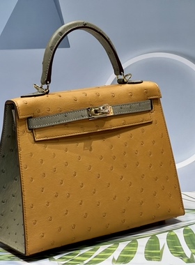 高档鸵鸟皮拼色款凯莉包25带锁欧美时尚百搭真皮女包女士手提包