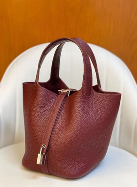 touch全手工手提女包小号菜篮子18水桶包酒红色TC皮配尼罗鳄鱼皮