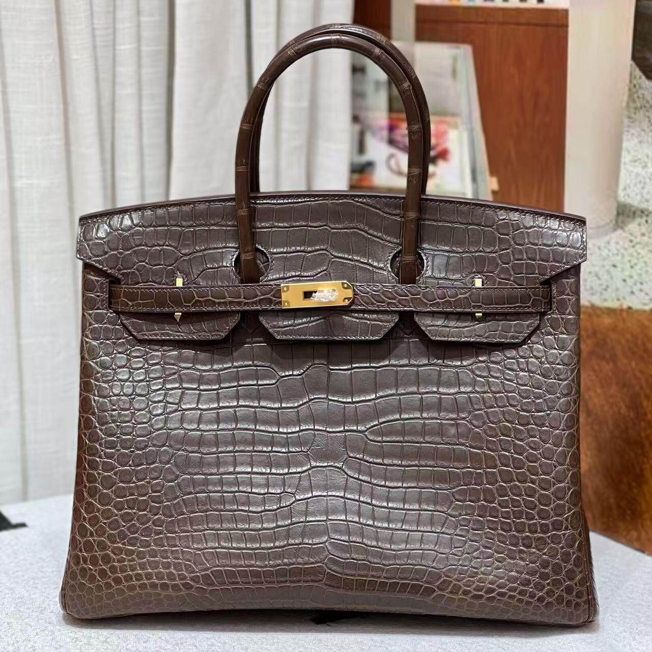 倒V进口雾面湾鳄鳄鱼皮BK大号铂金包35Cm女士手提包全手工乌木色
