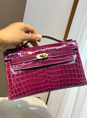 玫瑰紫色高光尼罗鳄鱼皮女士手拿晚宴包KL凯莉一代22CM金扣手工缝