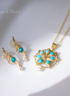 天然绿松石珍珠项链吊坠耳夹套