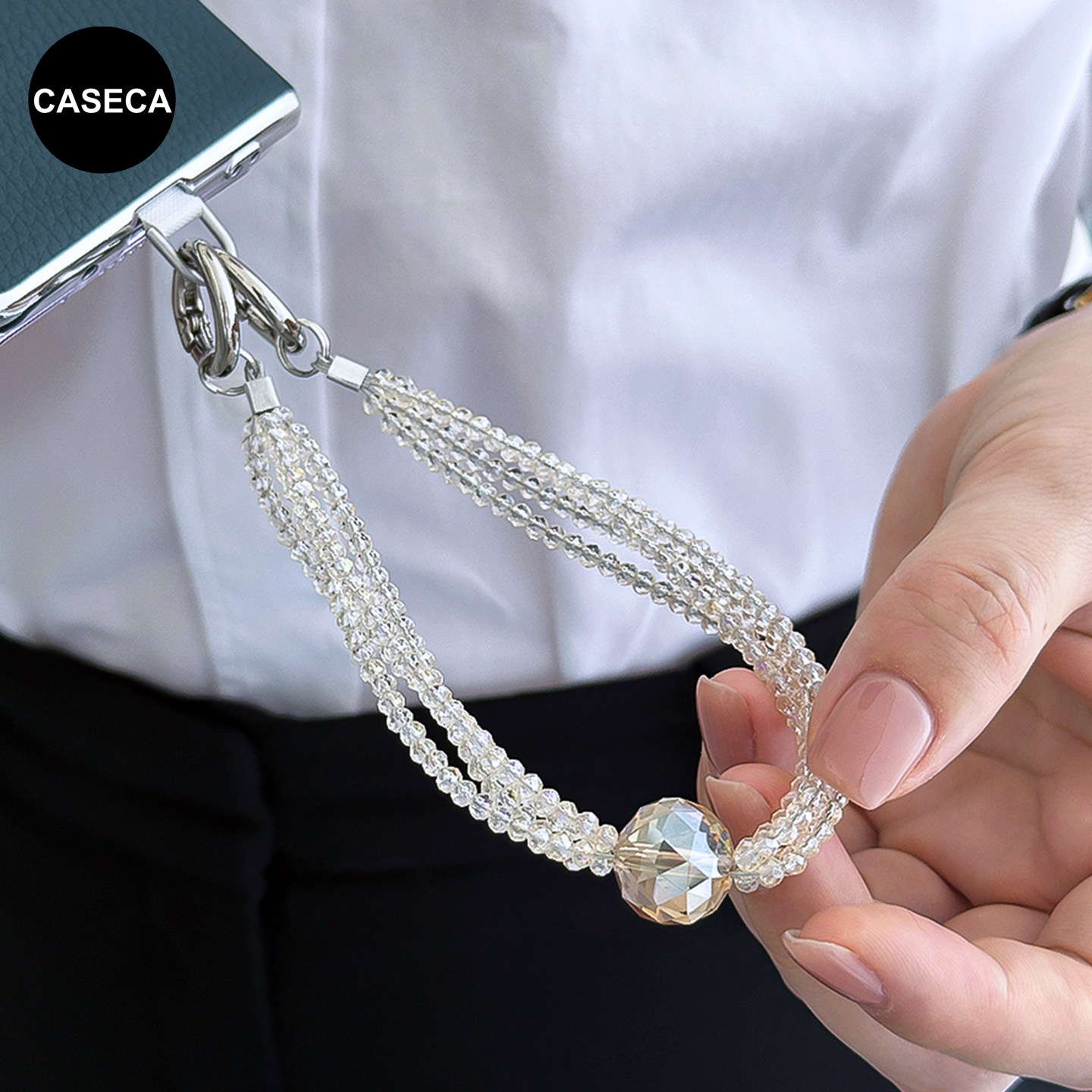 手机链水晶高级感轻奢小众双扣爆闪带垫片女士珍珠串珠手腕挂绳