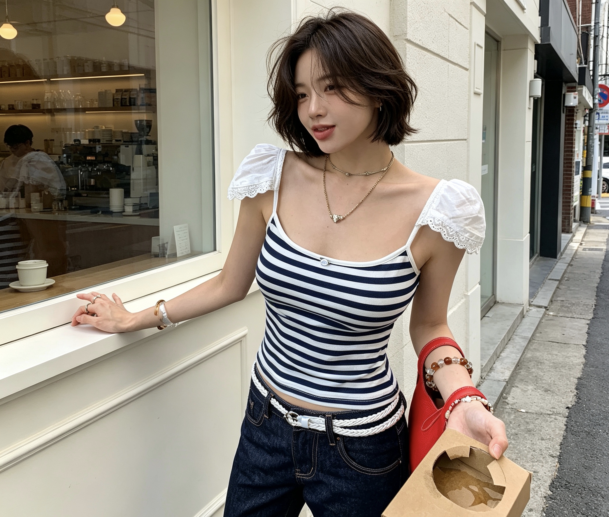 韩系条纹拼接蕾丝小飞袖吊带 短款修身露脐百搭辣妹打底背心女